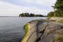 The rocky shore of Kring Point State Park along the St. Lawrence river showing the telltale signs of glaciation. Note the smooth groove oriented in a north-south direction.
