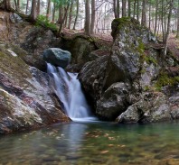 The waterfall up on Cobb Brook. I love the way the boulder is poised at the top, ready to tumble. Note too the circle of leaves swirling int the pool in this 2 second exposure.