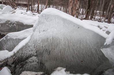 An upturned block of ice from an ice jam near the Audubon Bridge shows countless air bubbles suspended in the ice.