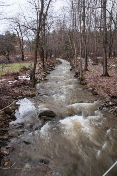 Fargo Brook running fast and muddy yesterday afternoon.