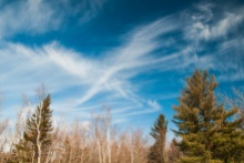 High cirrus clouds create a broad "X" in a blue sky on Sunday afternoon.