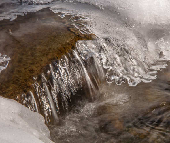 Another shot of moving water and ice on Fargo Brook. Check out the fascinating "light scribbling" in the water--an effect of the 1/8 second shutter speed.