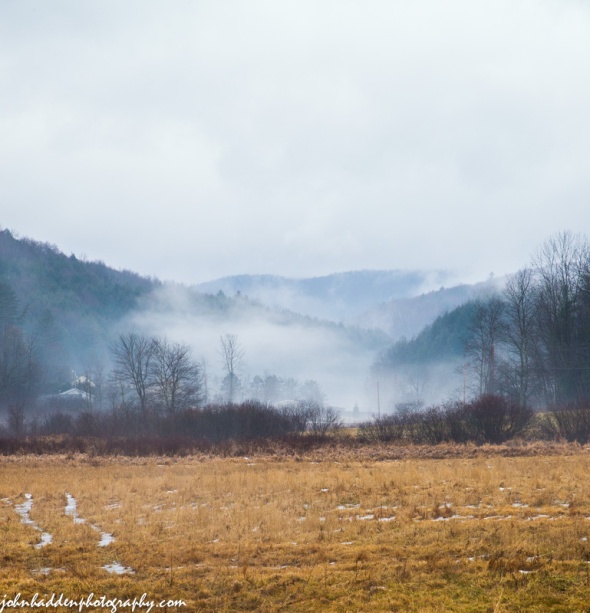 Ground fog and low clouds linger low over Hinesburg Hollow yesterday morning